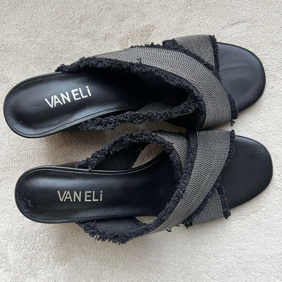 VANELi Baret Black Fringed Canvas Silver Small Studs Block Heel Sandal Women 6.5 - Picture 6 of 16